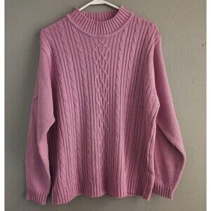 VTG 90s Haband Pink Cable Knit Mock Neck Sweater L Cottagecore Coquette Preppy